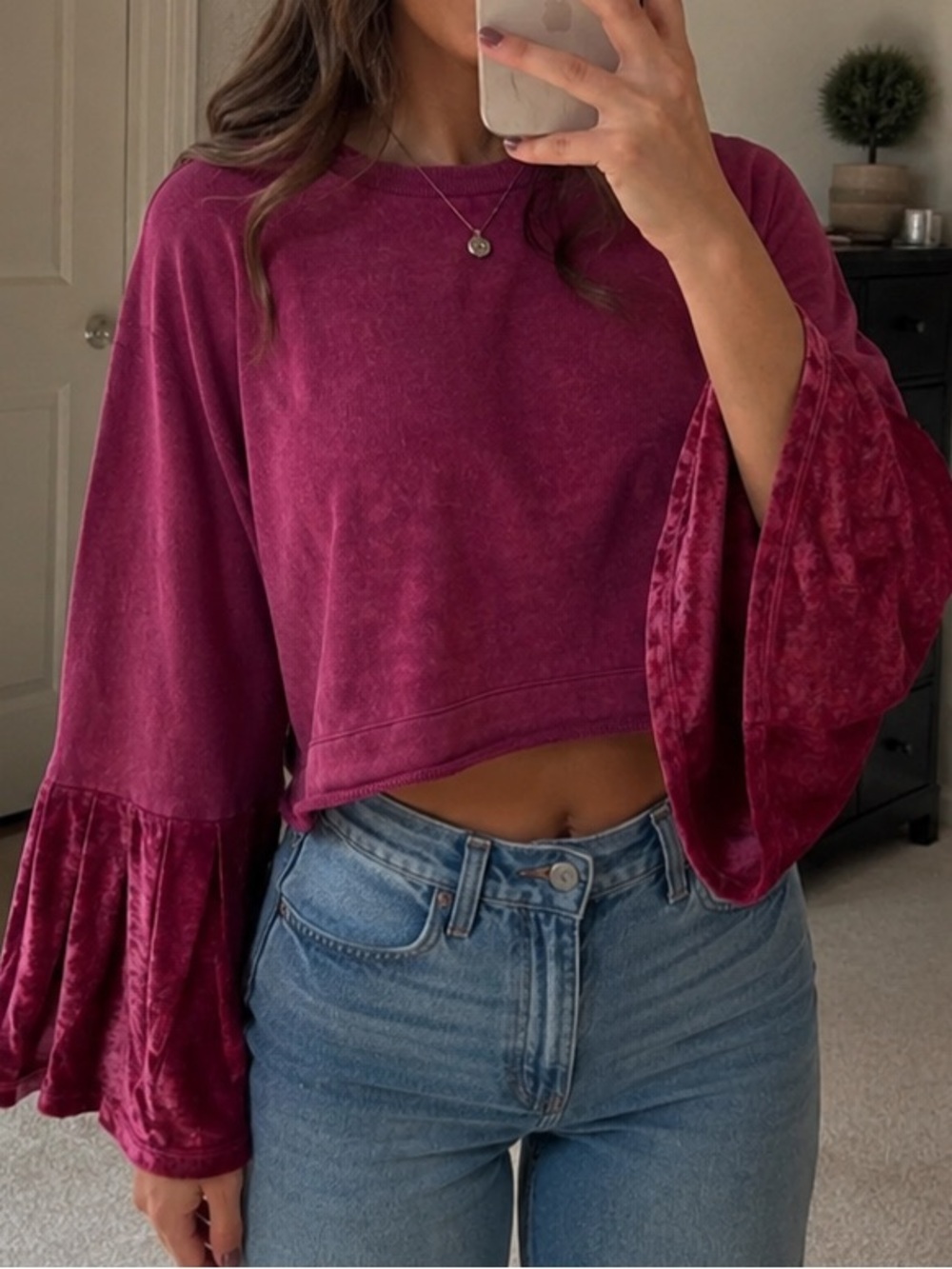 Free People Glorious Sleeves Pink Pullover Bell 100% Cotton Boho Women's Size M